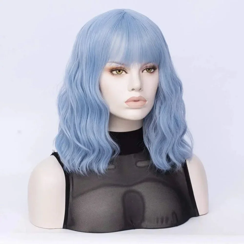 Light Blue Wavy Hair Wig with Bang